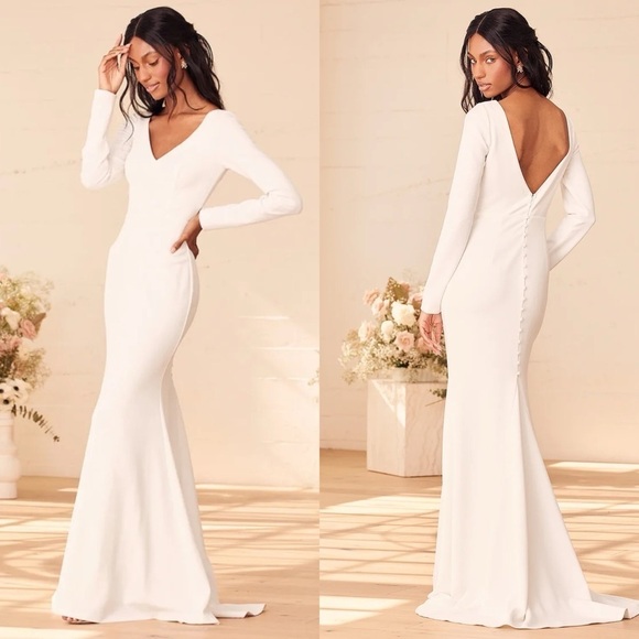 Feeling of Forever White Long Sleeve Mermaid Maxi Dress Gown Small - Picture 4 of 12
